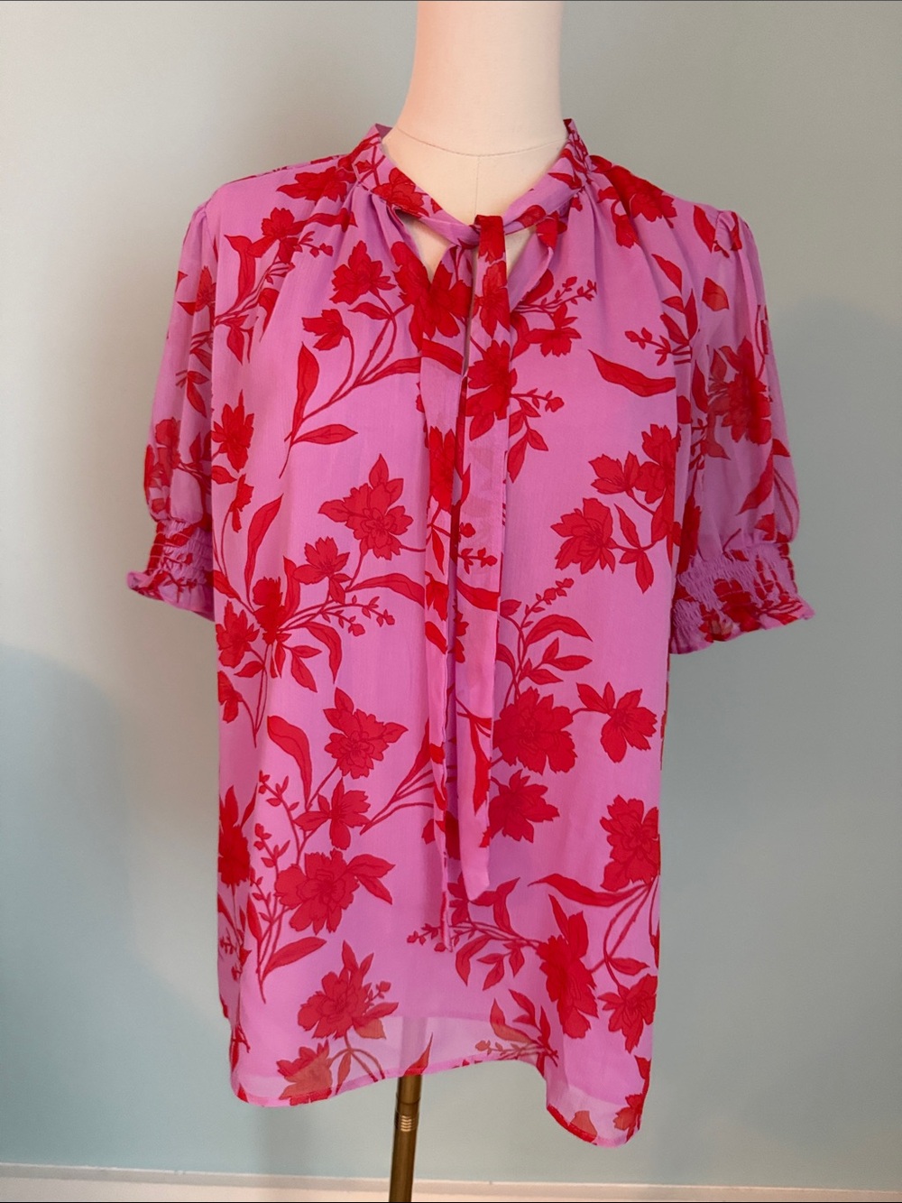 Ann Taylor Pink Blouse with Red Floral Tie-Neck